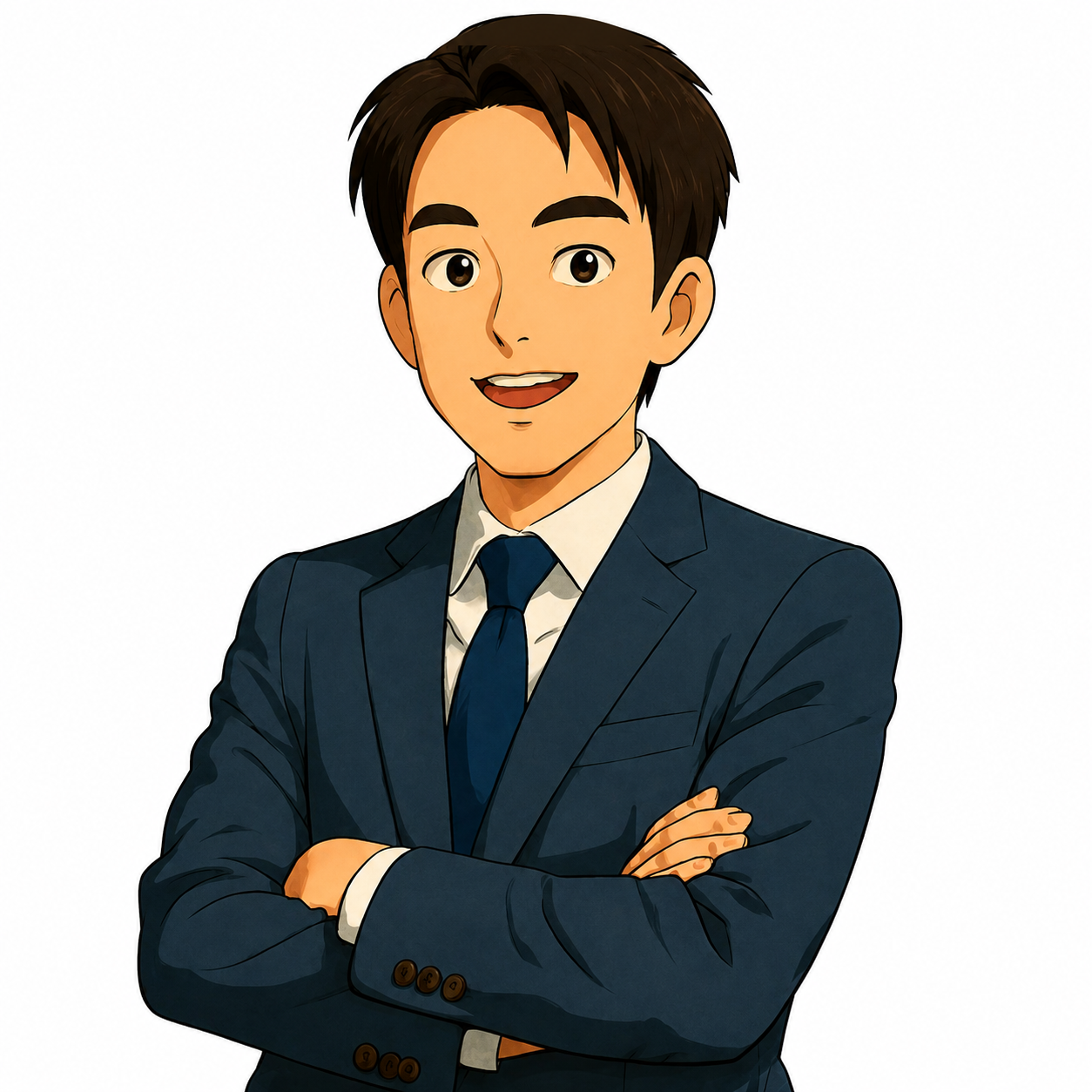 네이비 정장을 입고 미소 짓는 세븐쌤 브랜드 일러스트