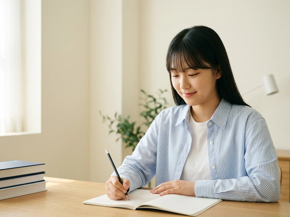 밝은 공부방에서 노트에 풀이를 적으며 집중하는 학생